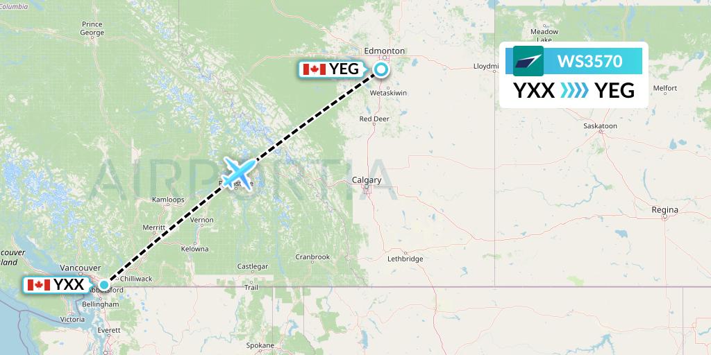 WS3570 WestJet Flight Map: Abbotsford to Edmonton