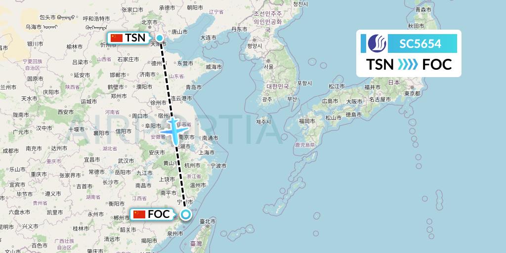 SC5654 Shandong Airlines Flight Map: Tianjin to Fuzhou