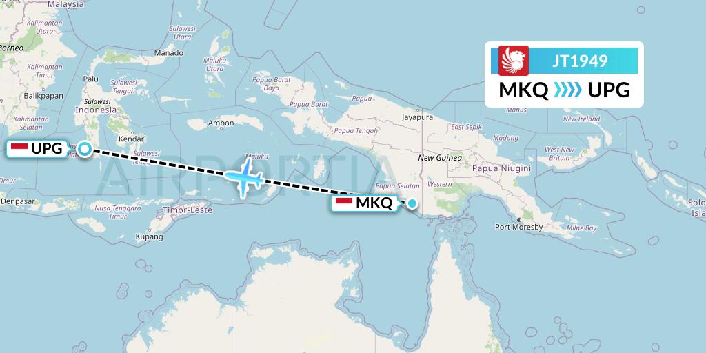 JT1949 Lion Airlines Flight Map: Merauke-Papua Island to Makassar