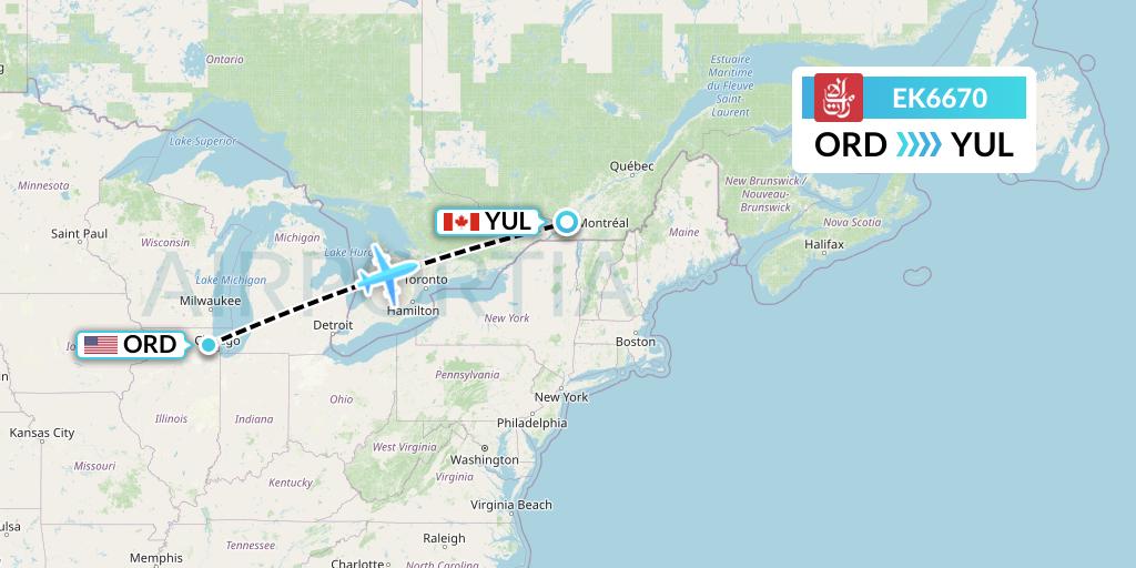 EK6670 Emirates Flight Map: Chicago to Montreal