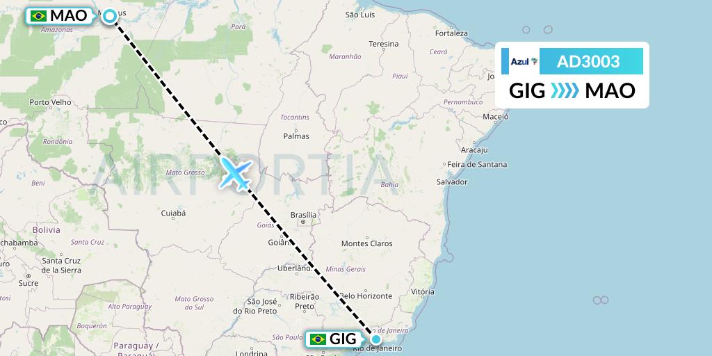 AD3003 Azul Brazilian Airlines Flight Map: Rio de Janeiro to Manaus