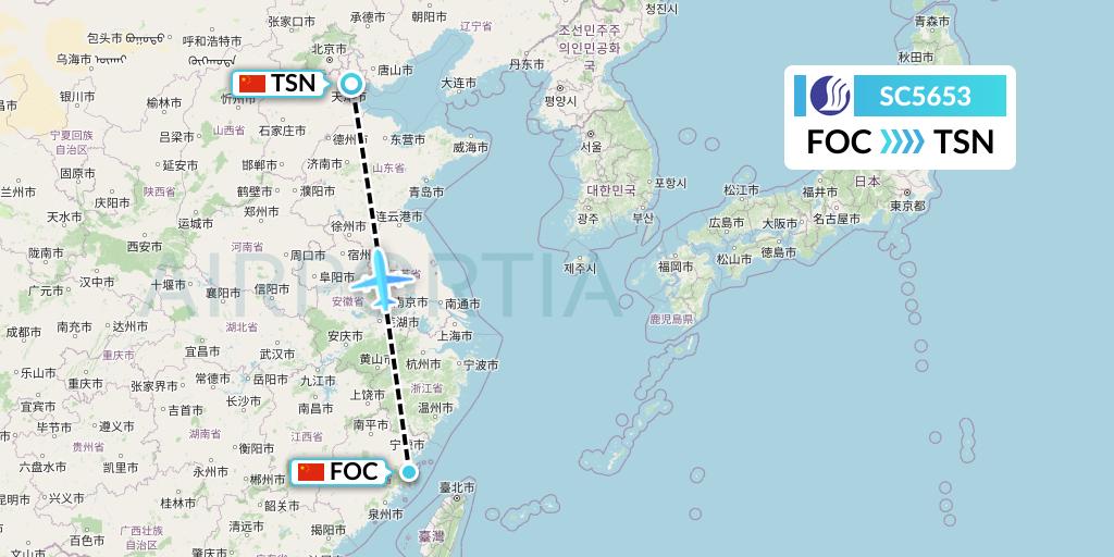 SC5653 Shandong Airlines Flight Map: Fuzhou to Tianjin