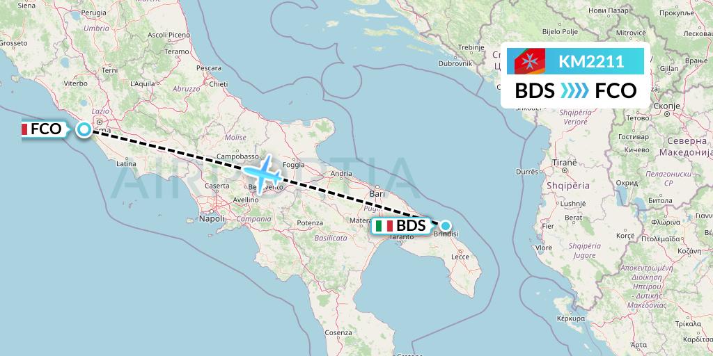 KM2211 Air Malta Flight Map: Brindisi to Rome