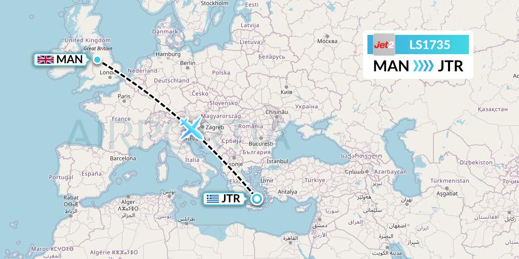 LS1735 Jet2 Flight Map: Manchester to Santorini
