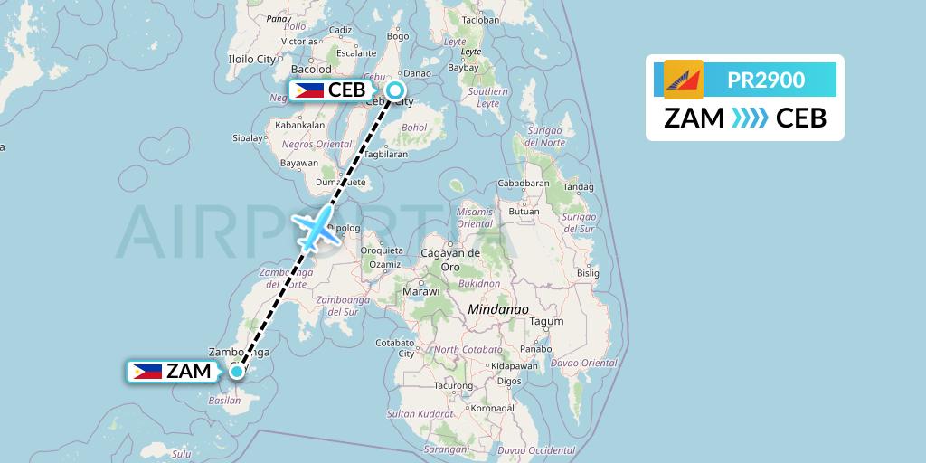 PR2900 Philippine Airlines Flight Map: Zamboanga to Cebu