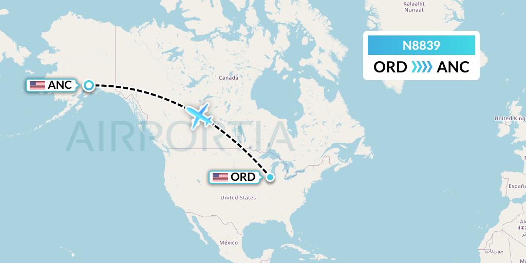 N8839 National Airlines Flight Map: Chicago to Anchorage