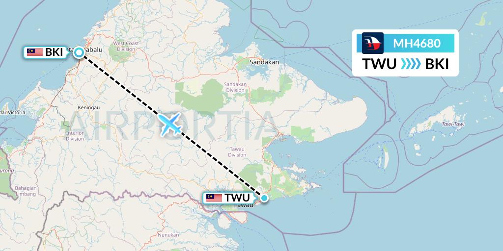 MH4680 Malaysia Airlines Flight Map: Tawau to Kota Kinabalu