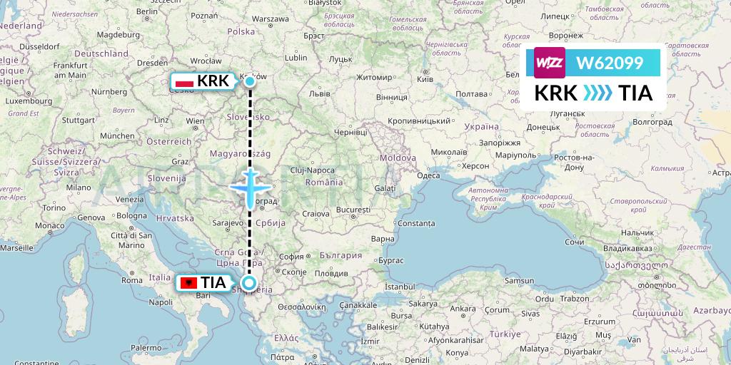 W62099 Wizz Air Flight Map: Krakow to Tirana