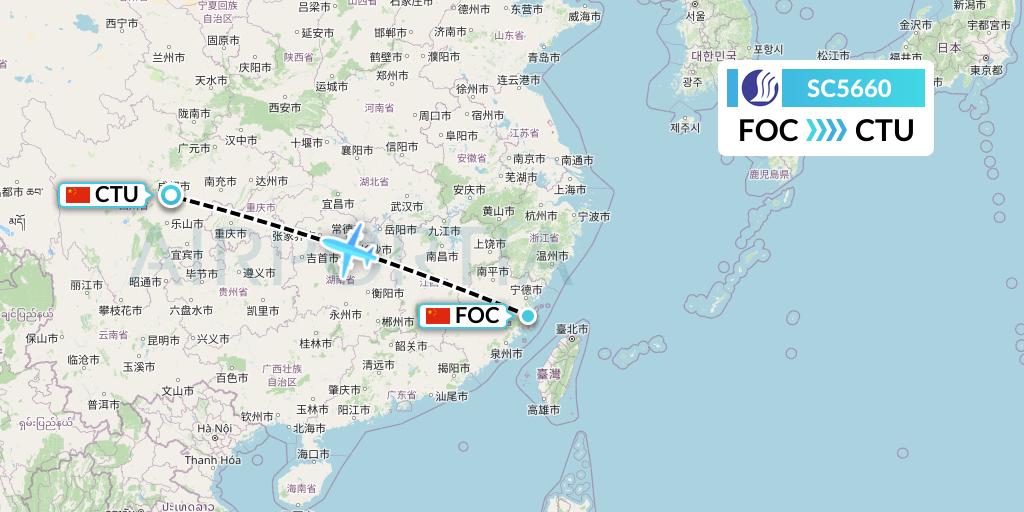 SC5660 Shandong Airlines Flight Map: Fuzhou to Chengdu