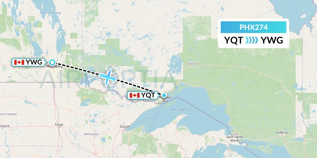 PHX274 SkyCare Flight Map: Thunder Bay to Winnipeg