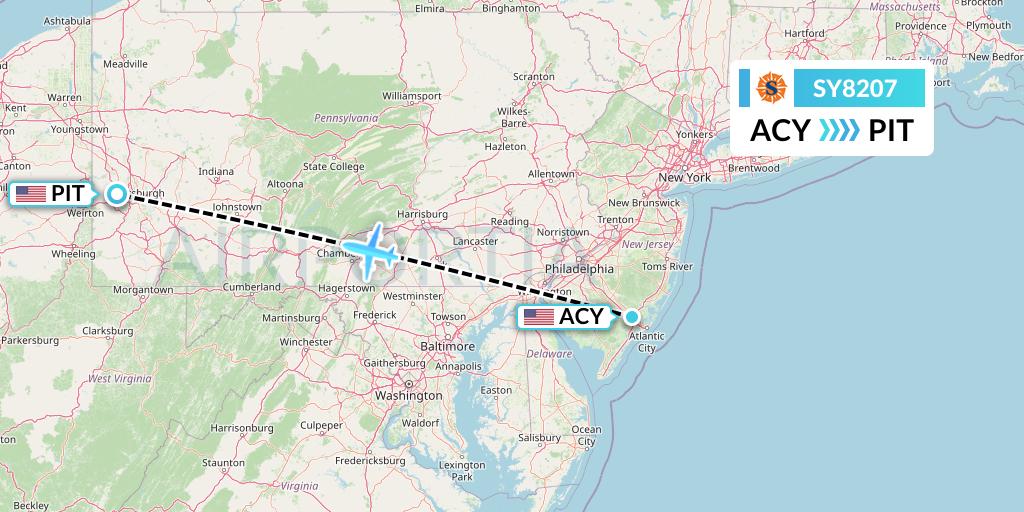 SY8207 Sun Country Airlines Flight Map: Atlantic City to Pittsburgh