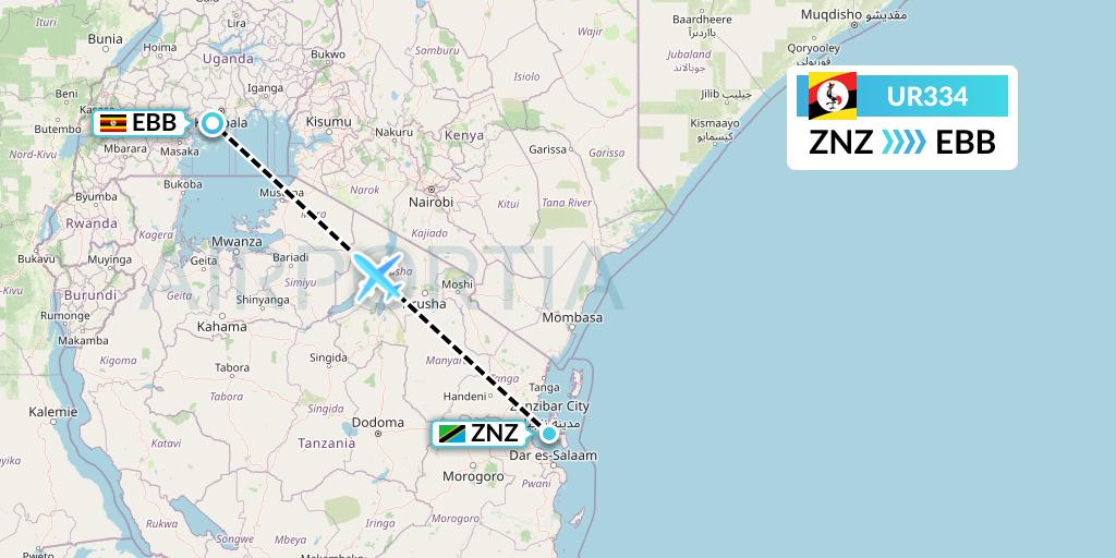 UR334 Uganda Airlines Flight Map: Zanzibar to Entebbe