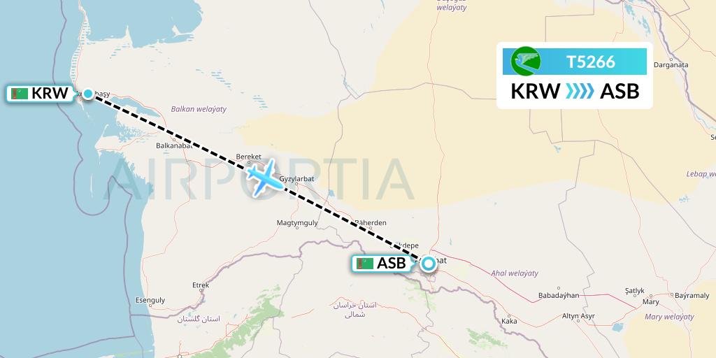 T5266 Turkmenistan Airlines Flight Map: Turkmenbashi to Ashgabat