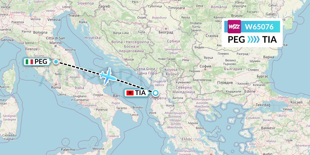 W65076 Wizz Air Flight Map: Perugia to Tirana
