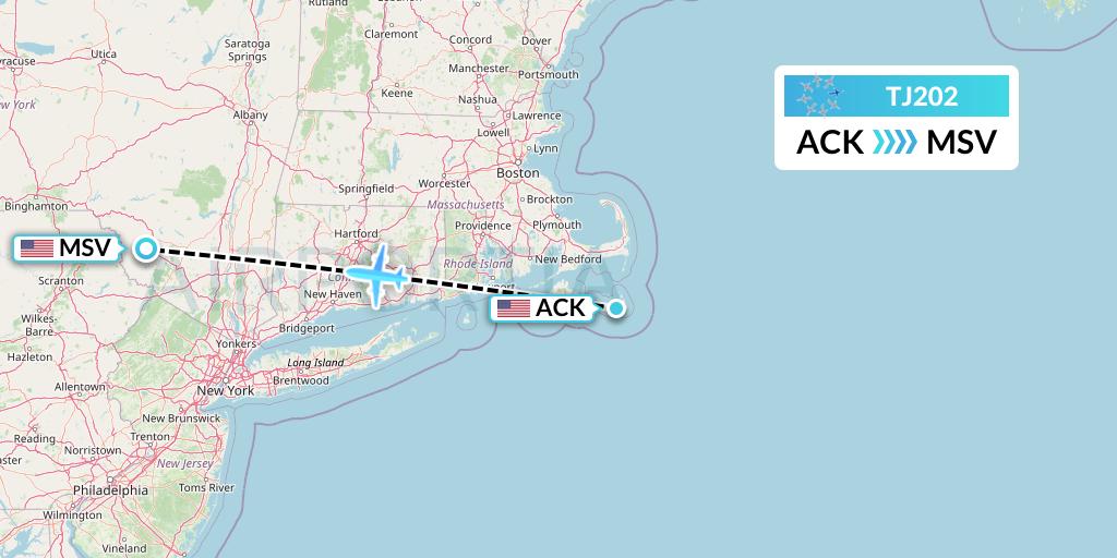 TJ202 Tradewind Aviation Flight Map: Nantucket to Monticello