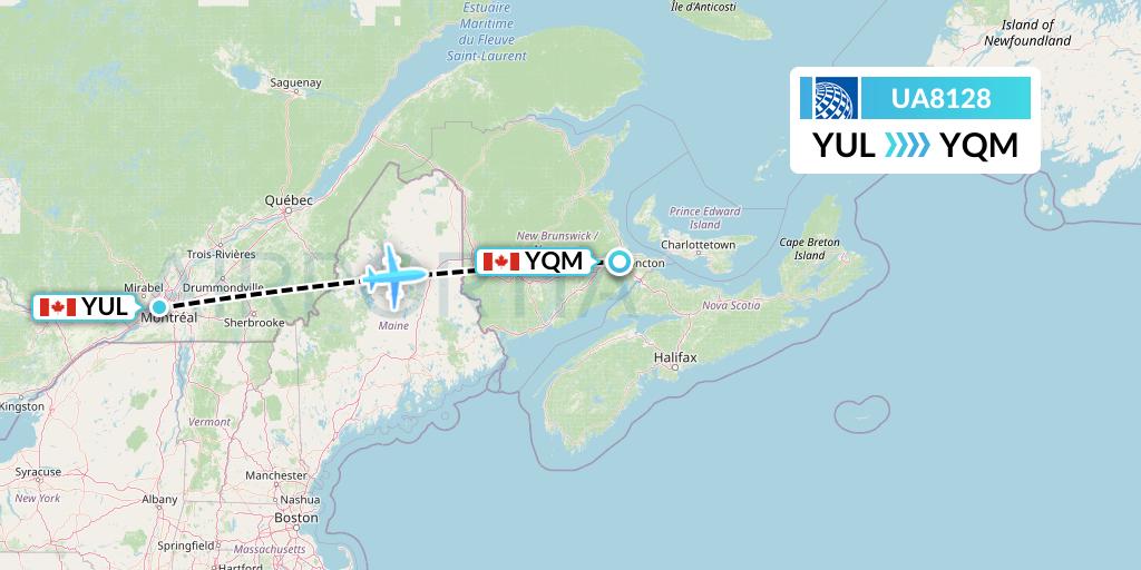 UA8128 United Airlines Flight Map: Montreal to Moncton