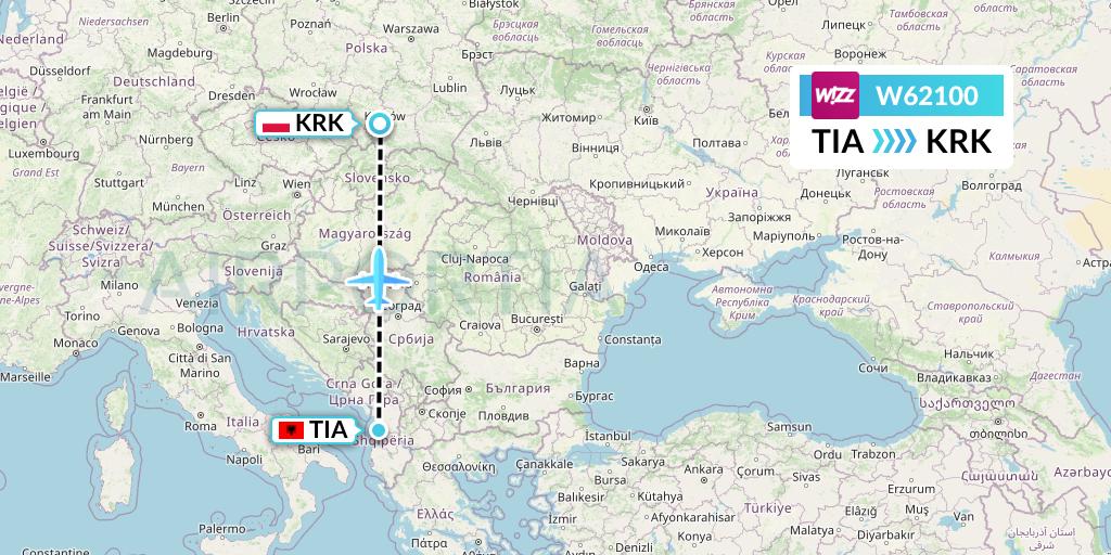 W62100 Wizz Air Flight Map: Tirana to Krakow