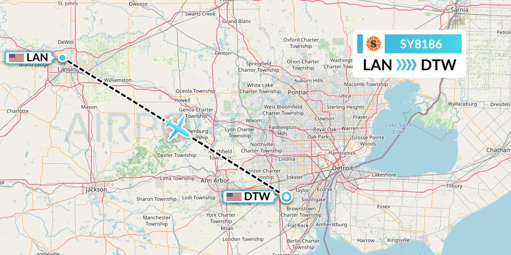 SY8186 Sun Country Airlines Flight Map: Lansing to Detroit