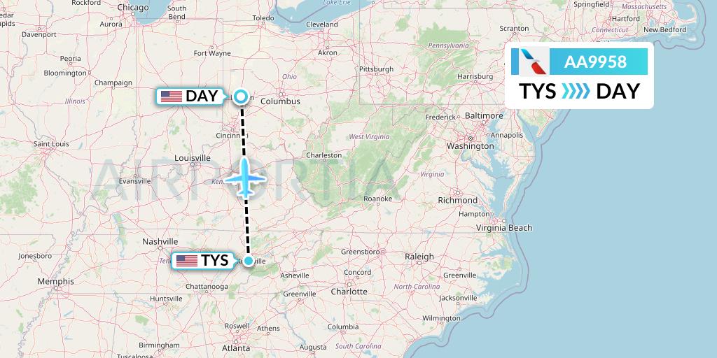 AA9958 American Airlines Flight Map: Knoxville to Dayton