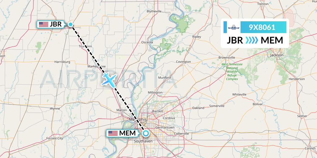 9X8061 Southern Airways Express Flight Map: Jonesboro to Memphis