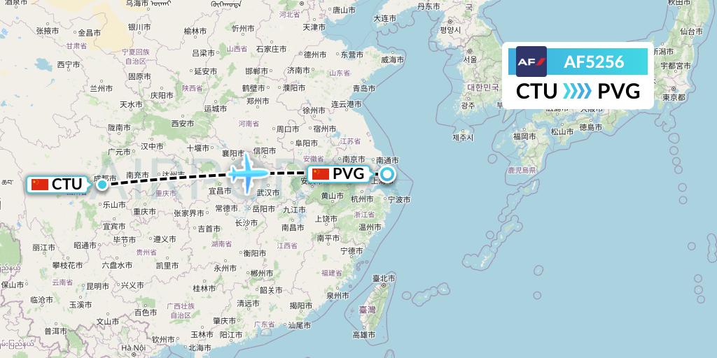AF5256 Air France Flight Map: Chengdu to Shanghai