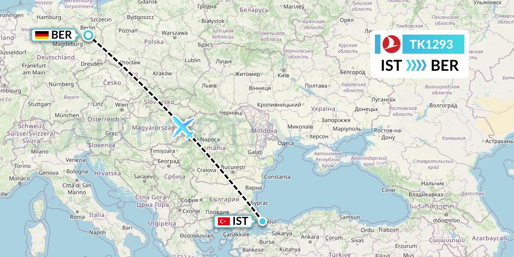 TK1293 Turkish Airlines Flight Map: Istanbul to Berlin