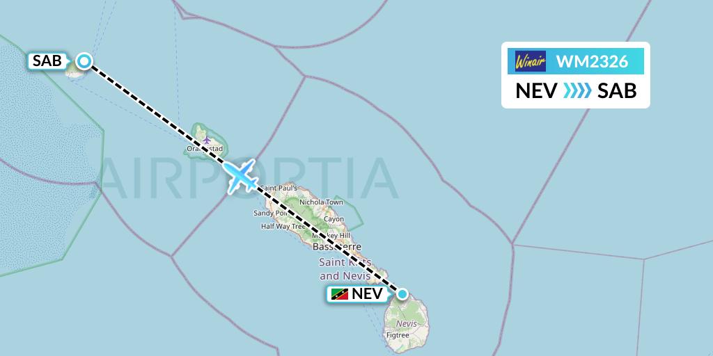 WM2326 Winair Flight Map: Nevis to Saba