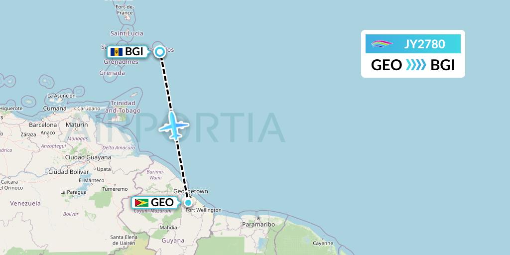 JY2780 InterCaribbean Airways Flight Map: Georgetown to Bridgetown