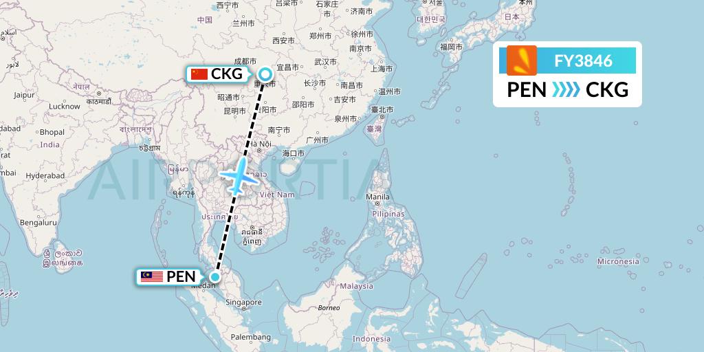 FY3846 Firefly Flight Map: Penang to Chongqing
