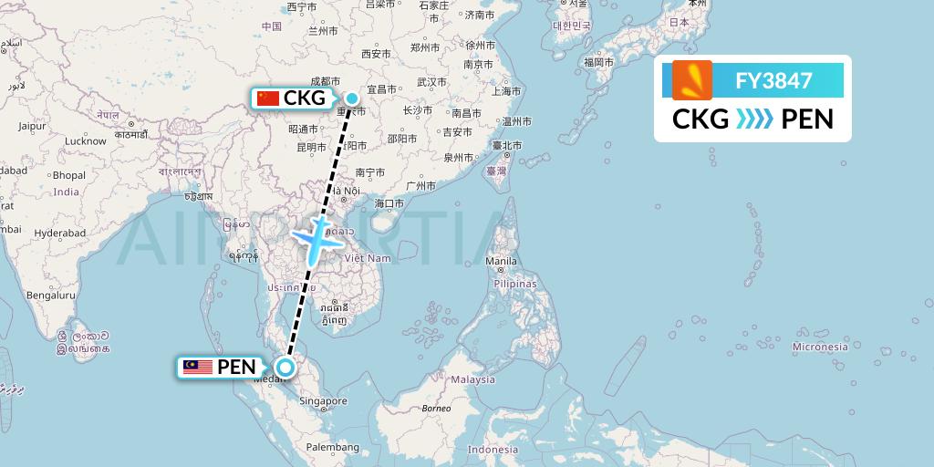 FY3847 Firefly Flight Map: Chongqing to Penang