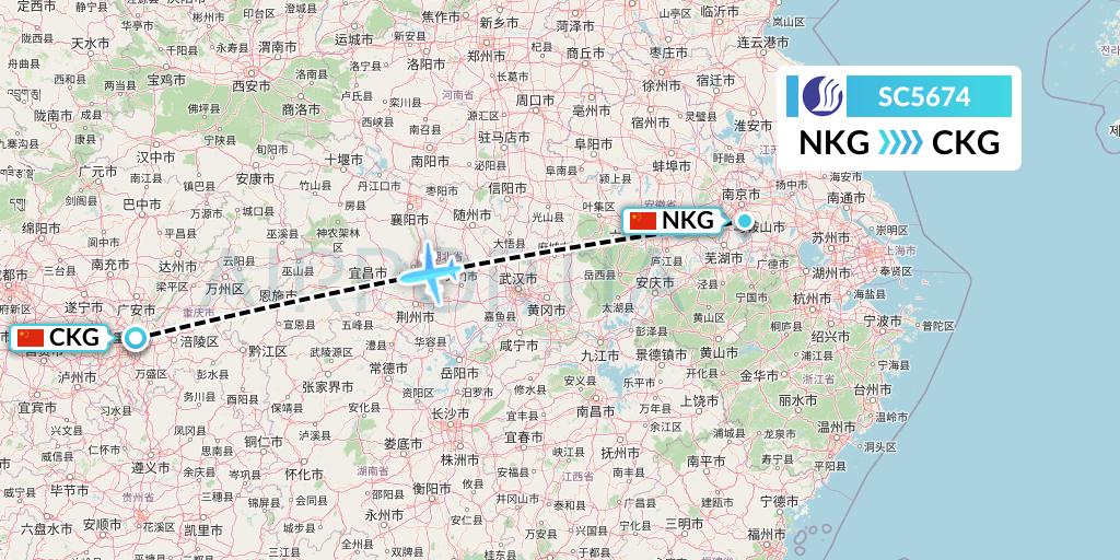 SC5674 Shandong Airlines Flight Map: Nanjing to Chongqing