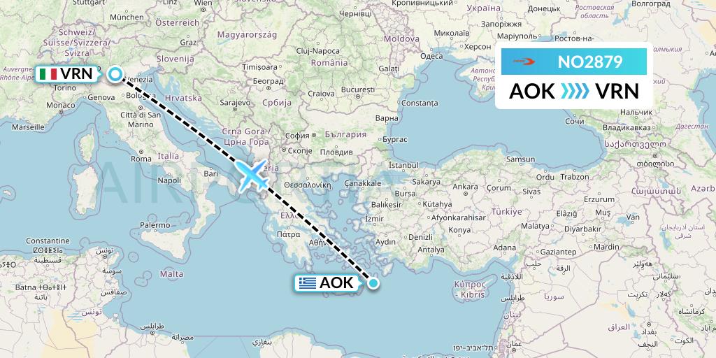 NO2879 Neos Flight Map: Karpathos to Verona