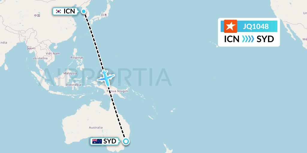 JQ1048 Jetstar Airways Flight Map: Seoul to Sydney