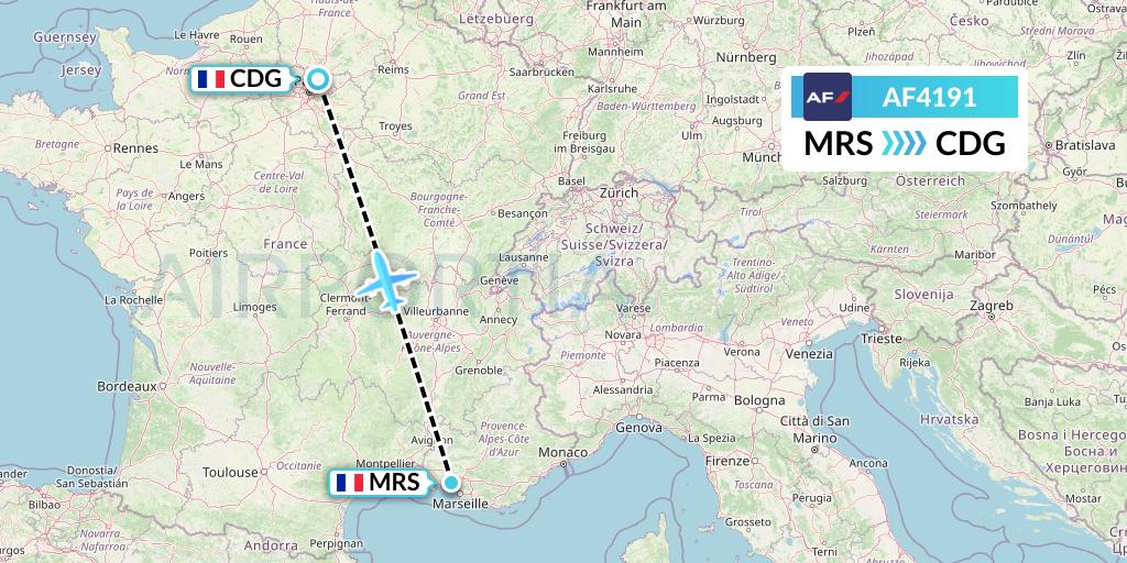 AF4191 Air France Flight Map: Marseille to Paris