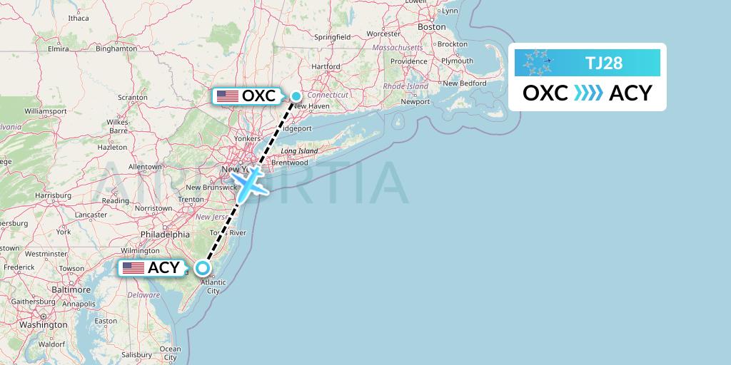TJ28 Tradewind Aviation Flight Map: Oxford to Atlantic City