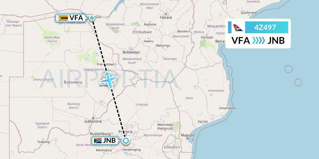 4Z497 Airlink Flight Map: Victoria Falls to Johannesburg