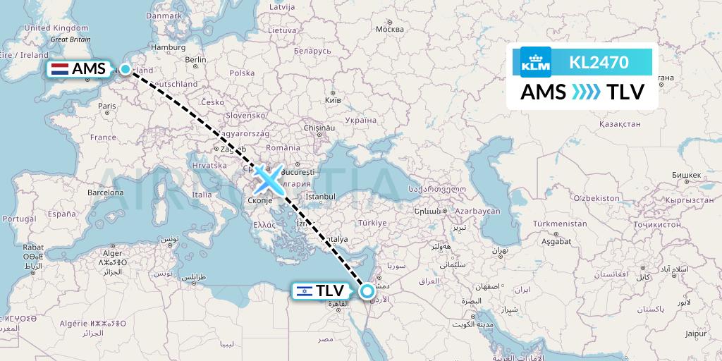 KL2470 KLM Flight Map: Amsterdam to Tel Aviv