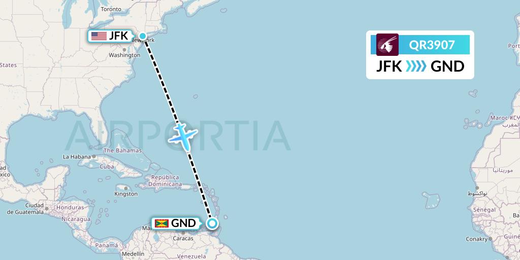 QR3907 Qatar Airways Flight Map: New York to Point Salines