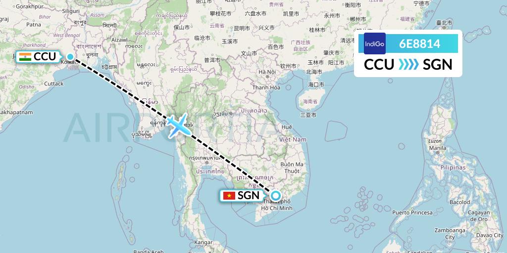 6E8814 IndiGo Airlines Flight Map: Kolkata to Ho Chi Minh City