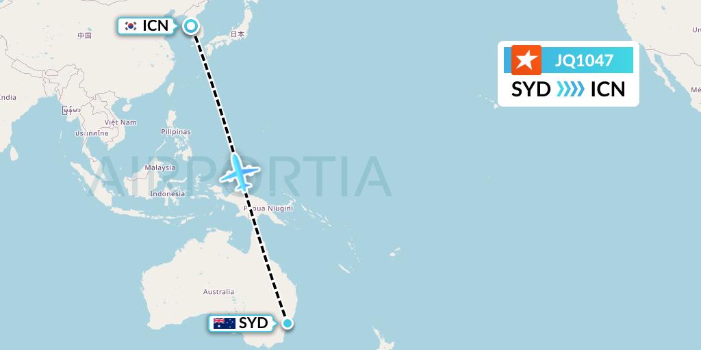 JQ1047 Jetstar Airways Flight Map: Sydney to Seoul