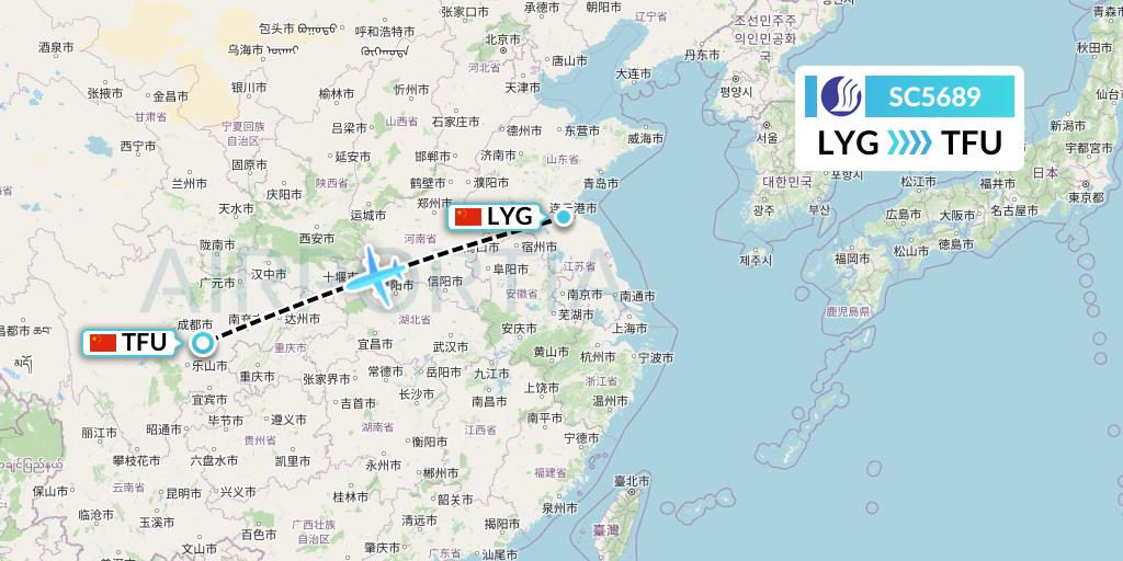 SC5689 Shandong Airlines Flight Map: Lianyungang to Chengdu