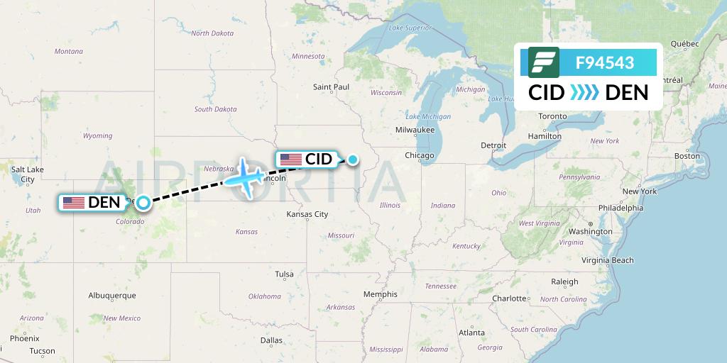 F94543 Frontier Airlines Flight Map: Cedar Rapids to Denver