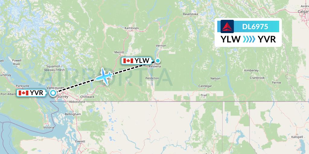 DL6975 Delta Air Lines Flight Map: Kelowna to Vancouver