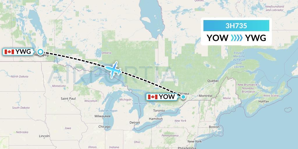 3H735 Air Inuit Flight Map: Ottawa to Winnipeg
