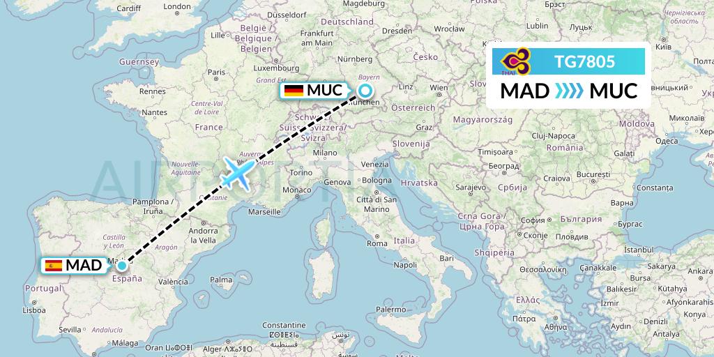 TG7805 Thai Airways Flight Map: Madrid to Munich