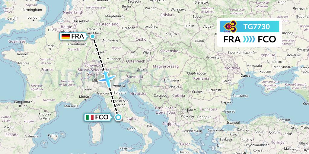 TG7730 Thai Airways Flight Map: Frankfurt to Rome