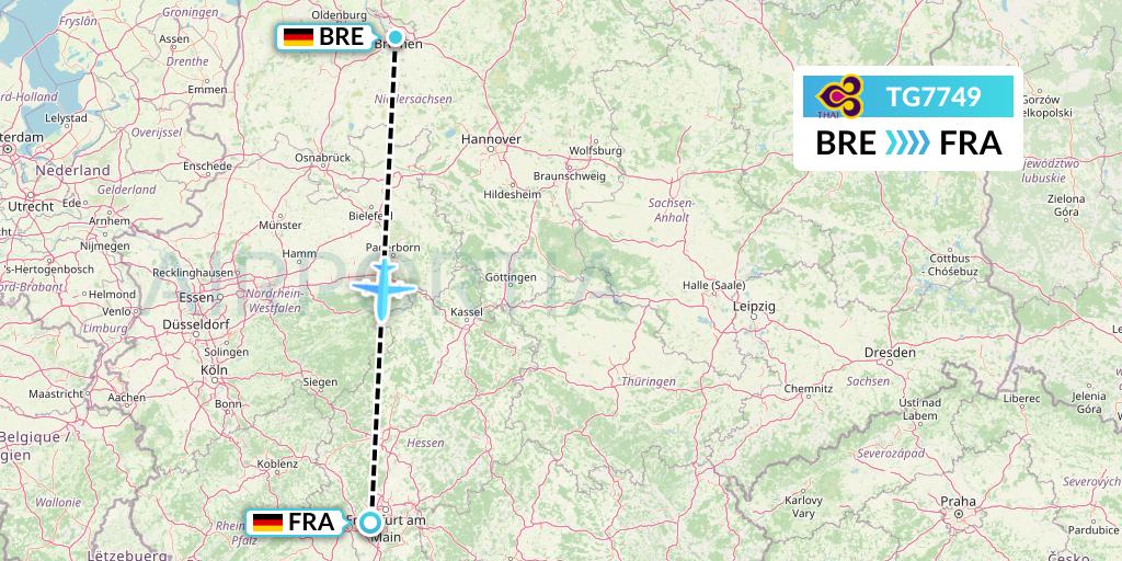 TG7749 Thai Airways Flight Map: Bremen to Frankfurt