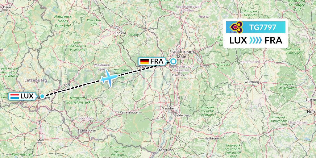 TG7797 Thai Airways Flight Map: Luxembourg to Frankfurt