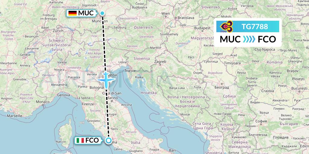 TG7788 Thai Airways Flight Map: Munich to Rome
