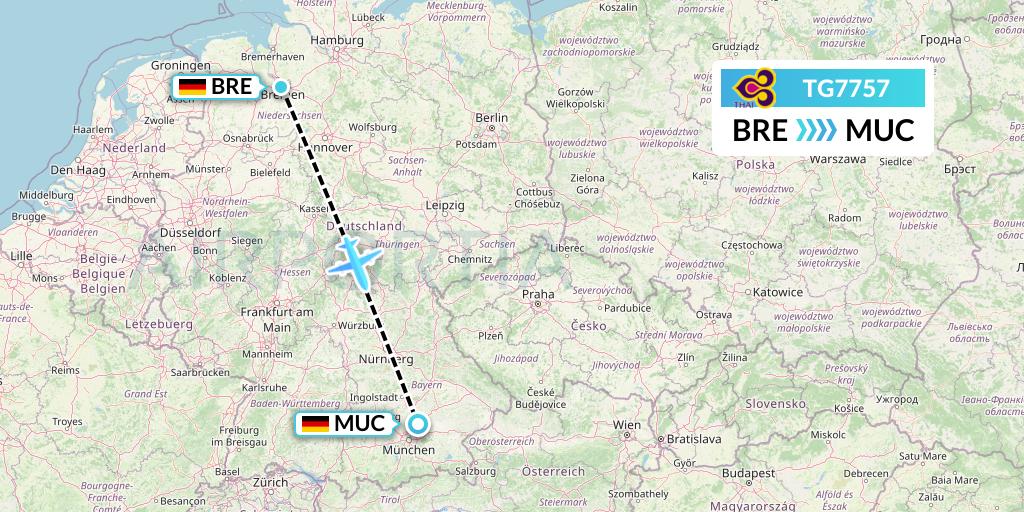 TG7757 Thai Airways Flight Map: Bremen to Munich